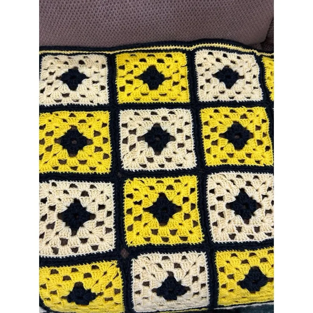 Vintage 70s Colorful Yellow‎ Granny Square Crochet Afghan Throw Blanket 60X36